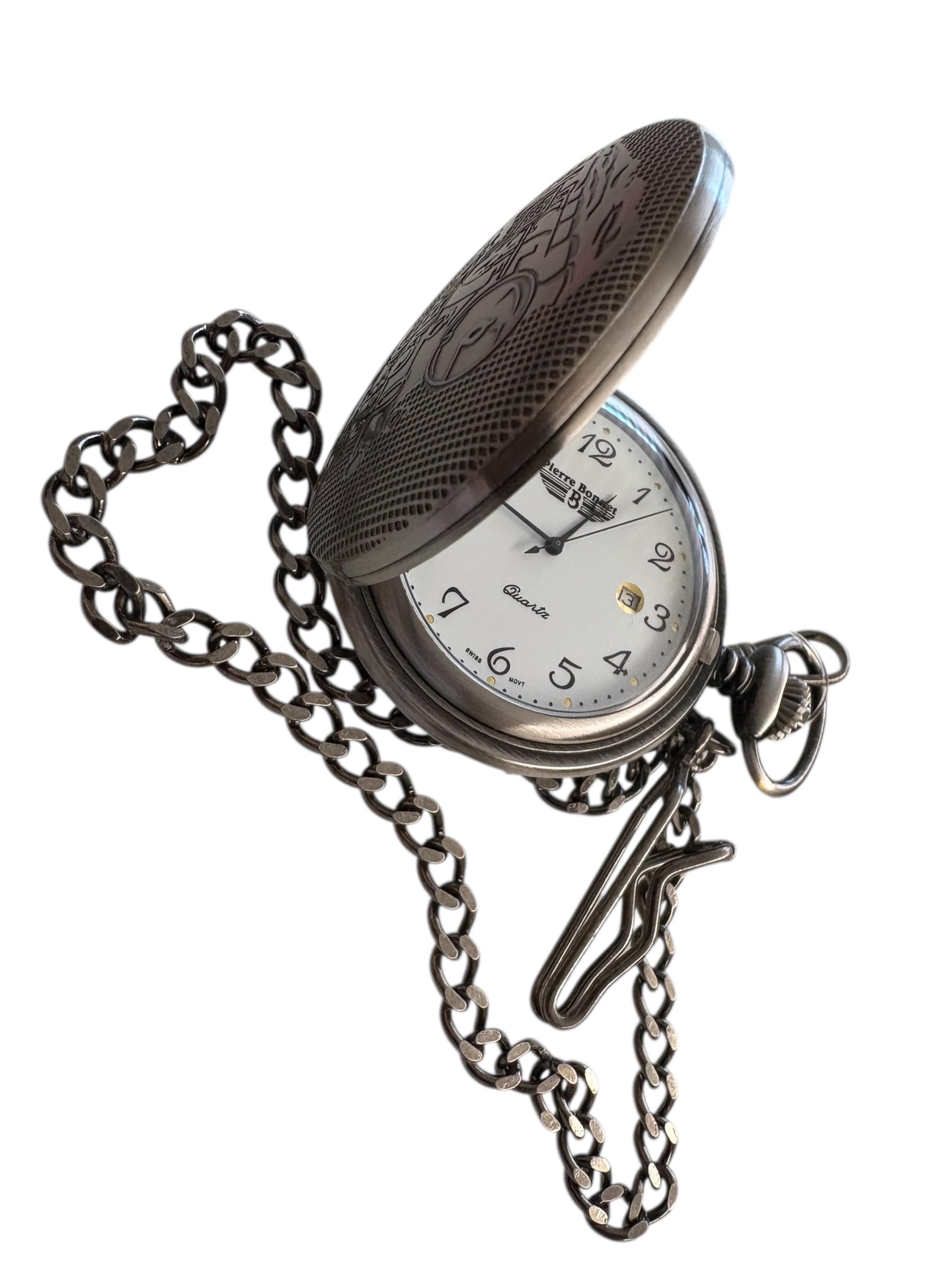 Pierre Bonnet Orologio da Tasca Vintage Catena – Movimento al Quarzo, Cassa Incisa, Idea Regalo per Pensione o Collezionisti