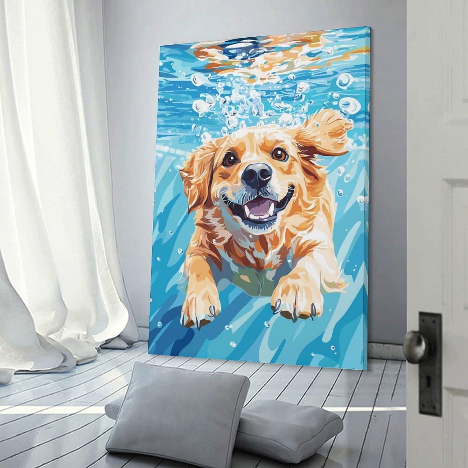 Junmoney Happy Dog Swimming Underwater Illustration Wall Art Print 24x36inch(60x90cm), for Picture Wall Styling in Lounge Or Bedroom, A Versatile Canvas Print for Layering