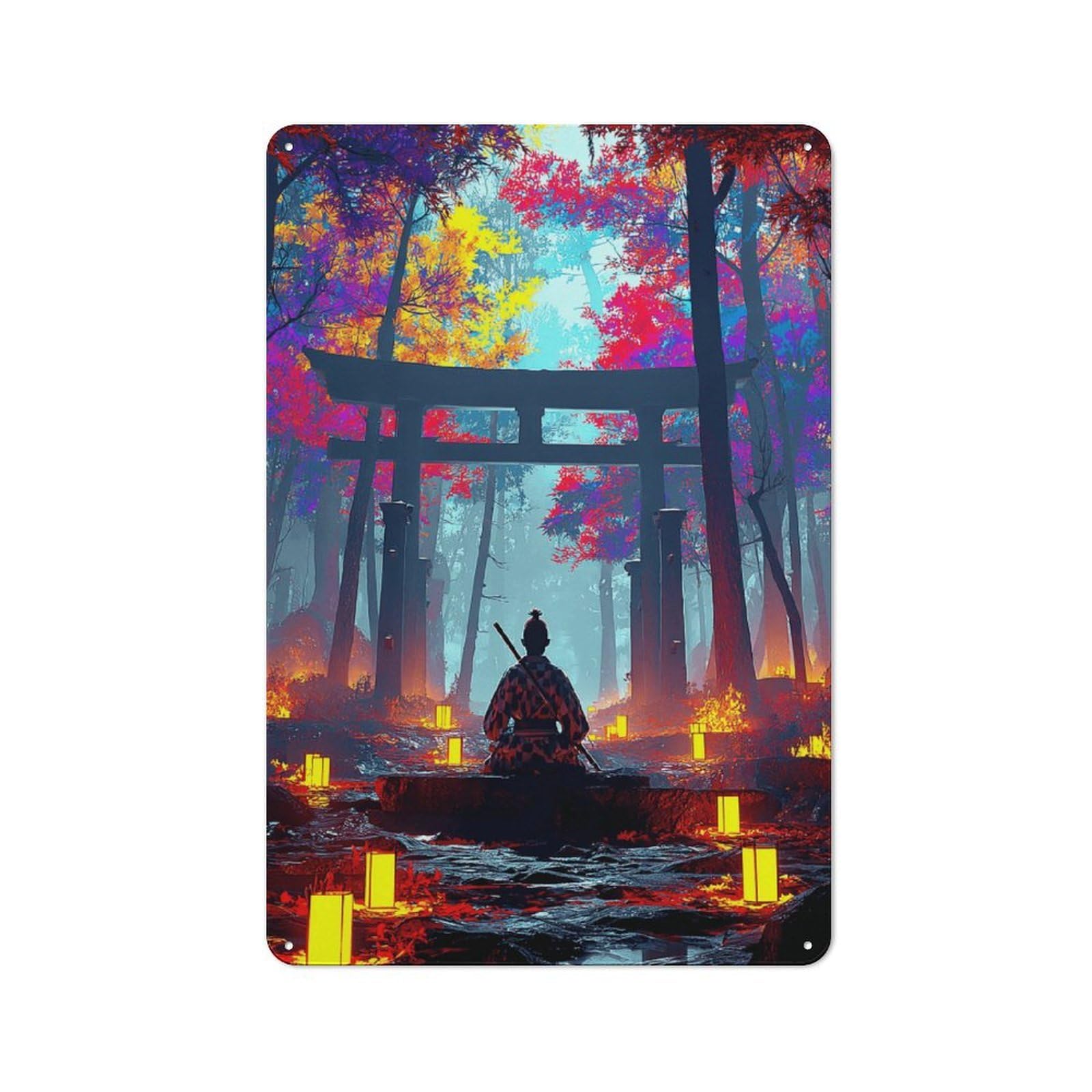Japanese Torii Gate in Autumn Forest Rustic Metal Plaque 30x20cm for Lounge Or Reading Corner, for Garage, Workshop And Man Cave Decoration