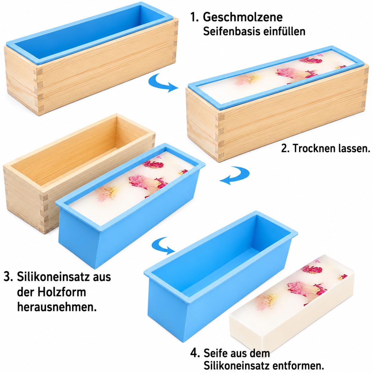 4er Seifen Silikonform, 1200ML DIY Rechteckiges Form Set aus Silikon-Seifenformen aus Holz, Handgemachte Seifenlaibform mit Holzkisten und Deckeln für Seifenherstellungszubehör Cakes (Blau)