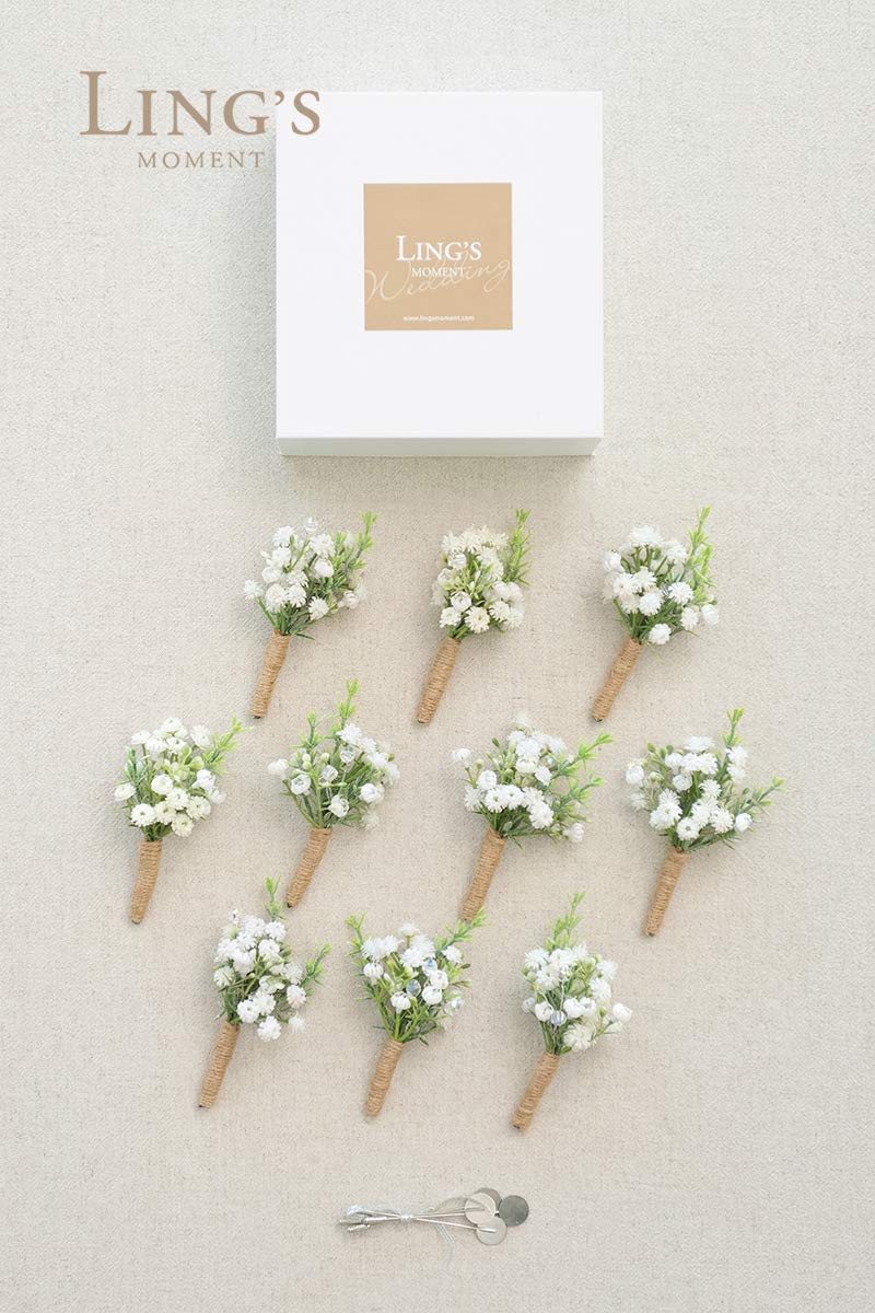Ling's Moment Natural White Boutonniere for Men Wedding with Pins-Set of 10-Groom and Groomsmen Boutonniere for Wedding Ceremony Anniversary, Dinner Party,Prom Flowers and Fall Vintage Wedding