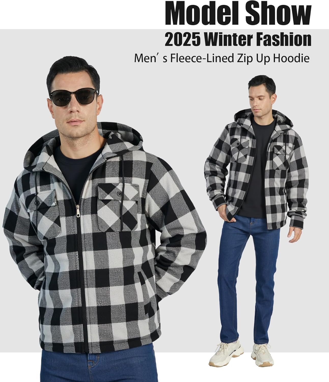 Little Beauty Men's Flannel Shirt Jacket Zip Up Fleece Plaid Jackets with Pokect Winter Warm Sherpa Lined Coat Hoodie - Image 7