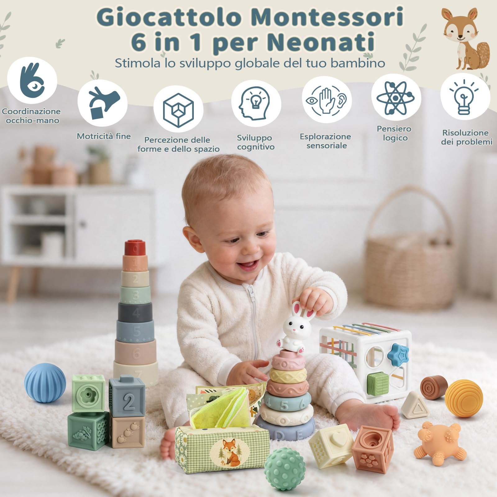 Anook Giochi Neonato 6-9-12 Mesi, 6 in 1 Giochi Montessori 6 Mesi | Giochi Sensoriali per Neonati con Giochi Impilabili ,Scatola di Fazzoletti,Cubi di Forme da Smistare,Regalo Neonato 6-12 Mesi