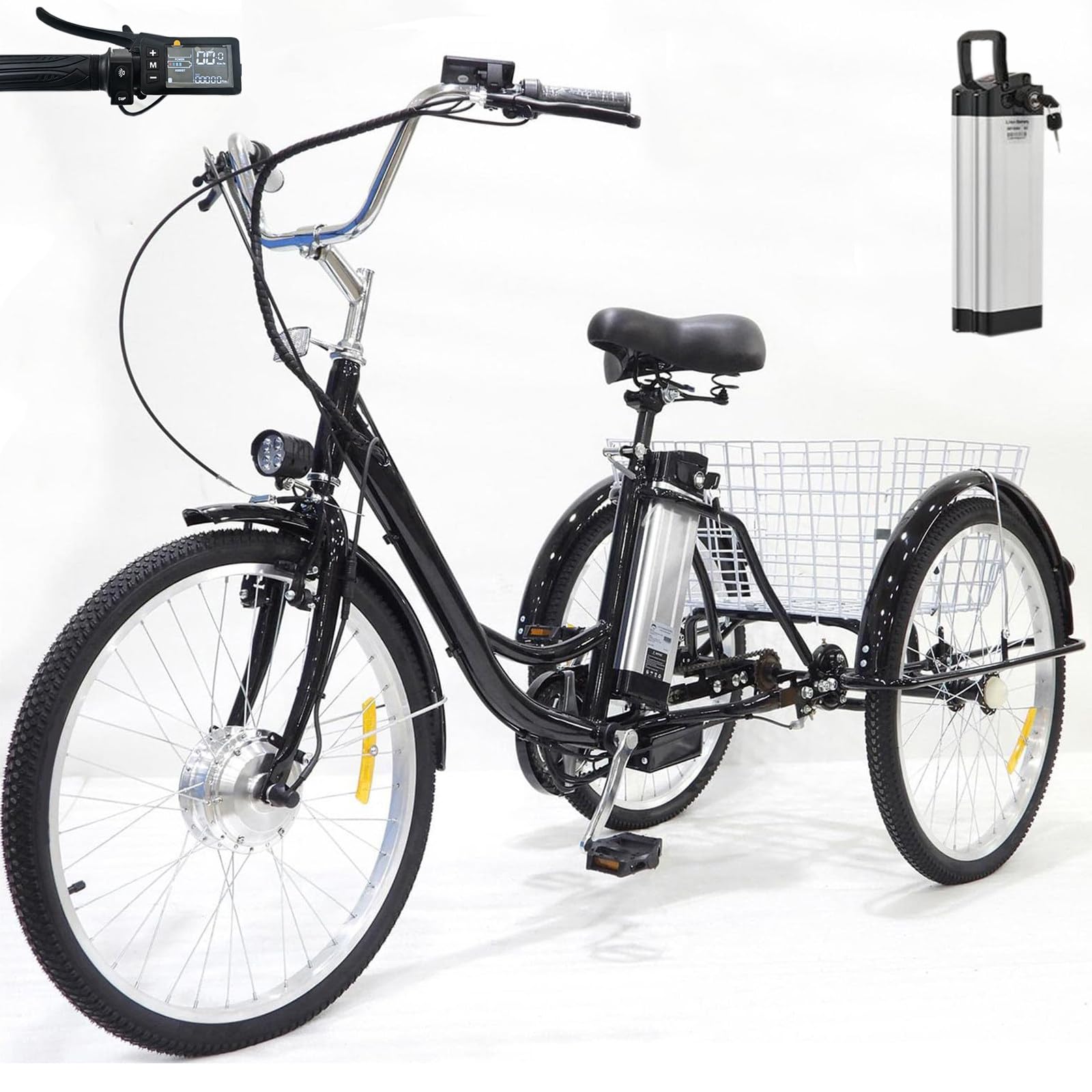 Tricicli Per Adulti Da 24", Triciclo Elettrico A 3 Ruote Per Anziani, Sedile Morbido - Altezza Regolabile (29,5-33,4''), Batteria Rimovibile Da 36V 12Ah - Autonomia 30 Km, Carico 150 Kg Black-Basket