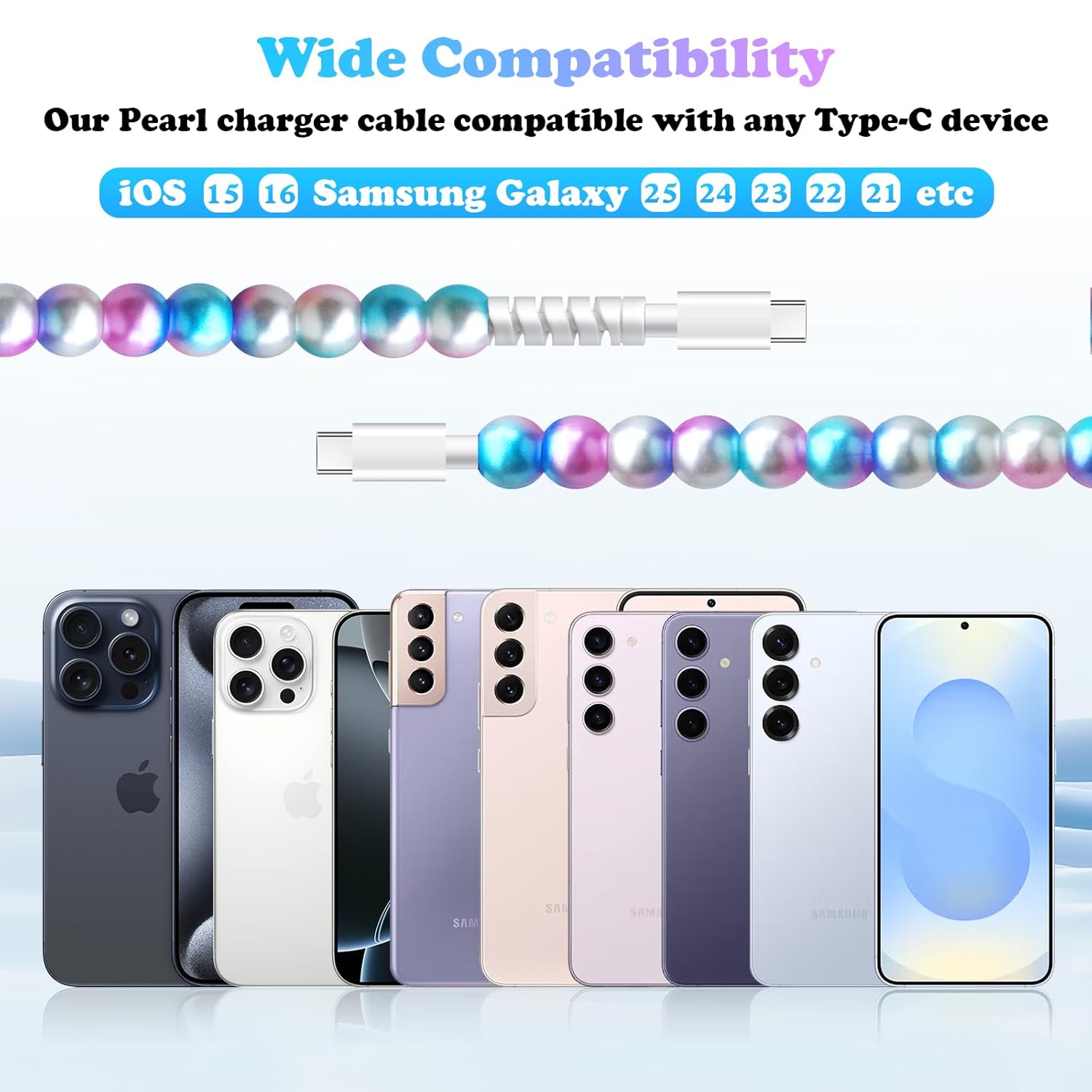 USB C Charging Cable for for iPhone 16, Girls 3.3FT Cute Pearl Beaded USB Type C Charger Cord Phone Charger Cable for iPhone 17 Pro Max 16 Pro Max Plus Galaxy S25 S24 S23 S22 - Image 6