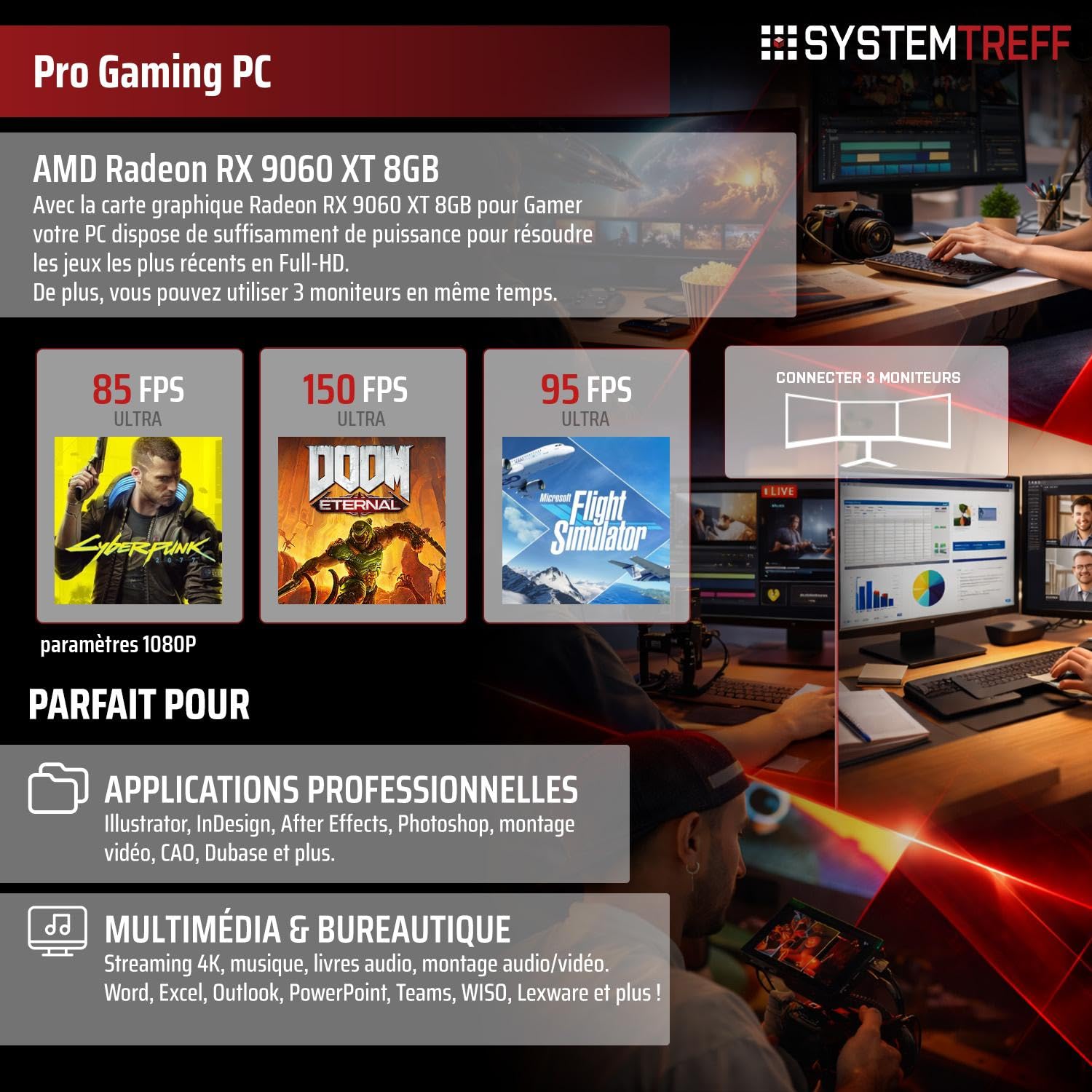 SYSTEMTREFF PC Gamer - AMD Ryzen 5 9500F - 6X 3,8GHz - RX 9060 XT 8Go