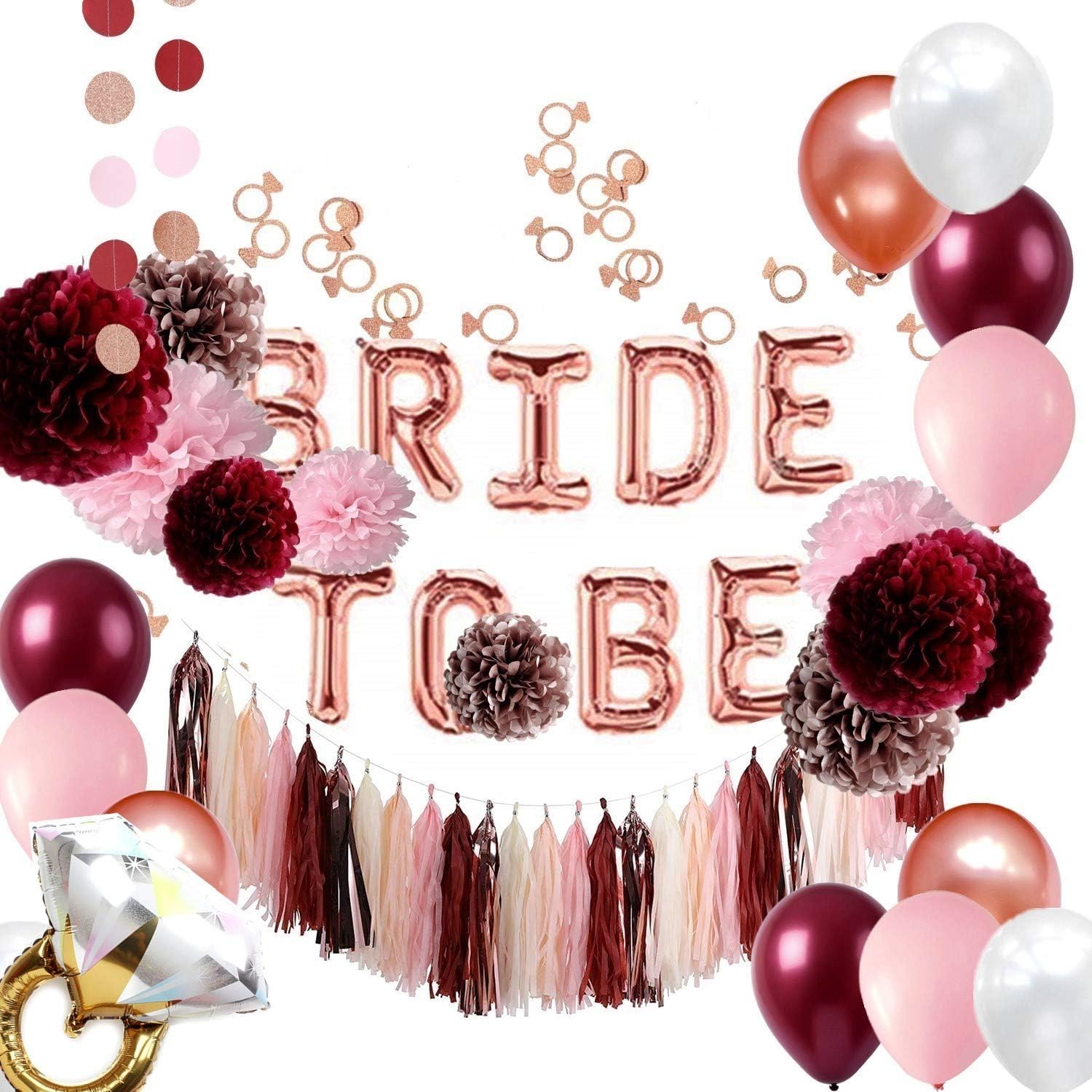 Burgundy and Rose Gold Bachelorette Party Decorations Bridal Shower Kit - Tissue Pom Poms Tassels Garland Ring Confettis - All in ONE