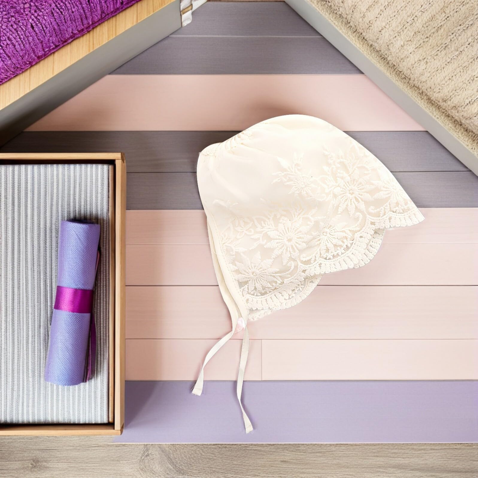 Ciieeo Lot de 2 Bonnets Bébé Fille en Dentelle Beige, Doux Peau Fermeture Sécurisée, pour Baptêmes et Séances Photo D'été
