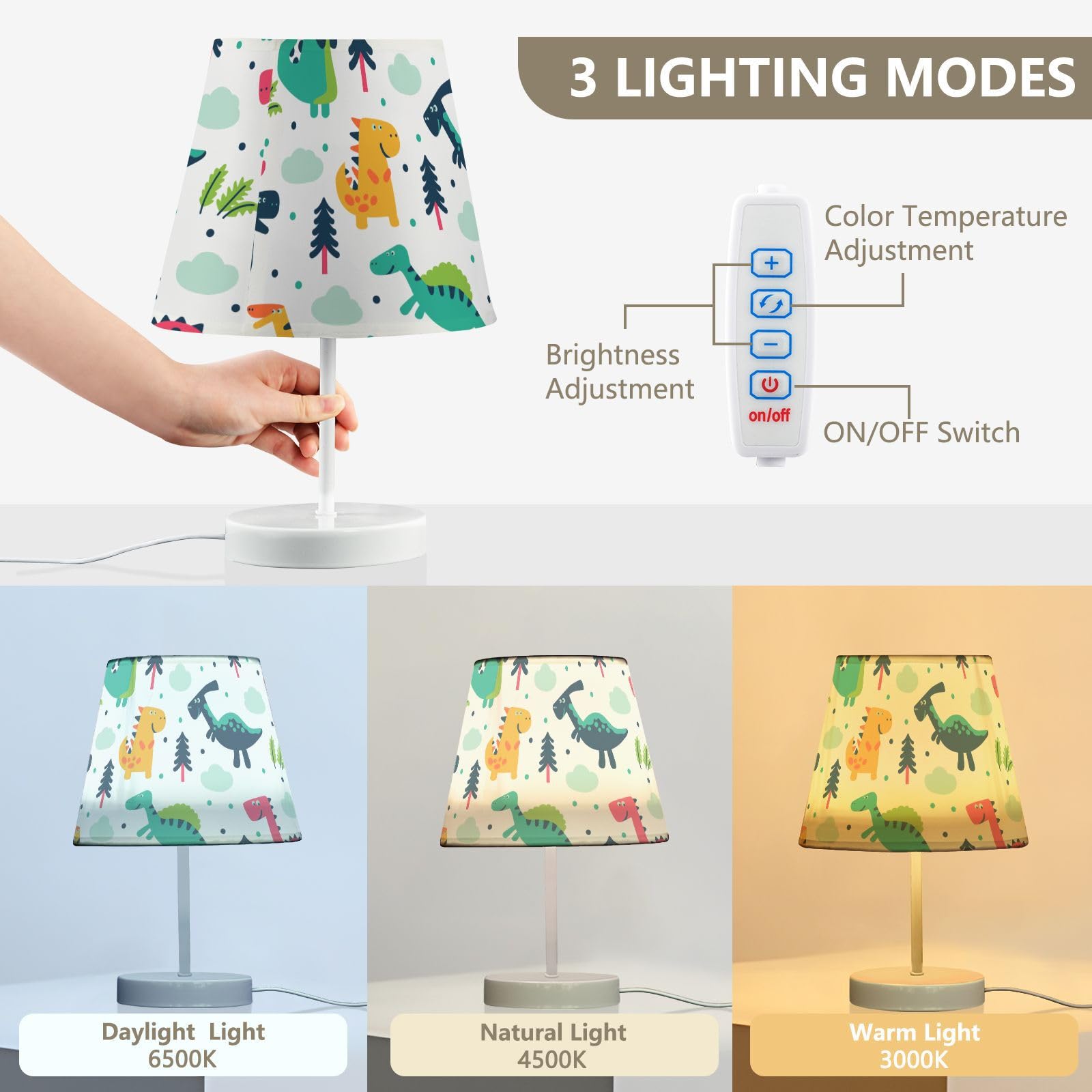 Mnsruu Lámpara de mesita de noche con diseño de dinosaurio infantil, bombillas LED, lámpara de escritorio, pantallas de tela para dormitorio, sala de estar, tamaño mediano