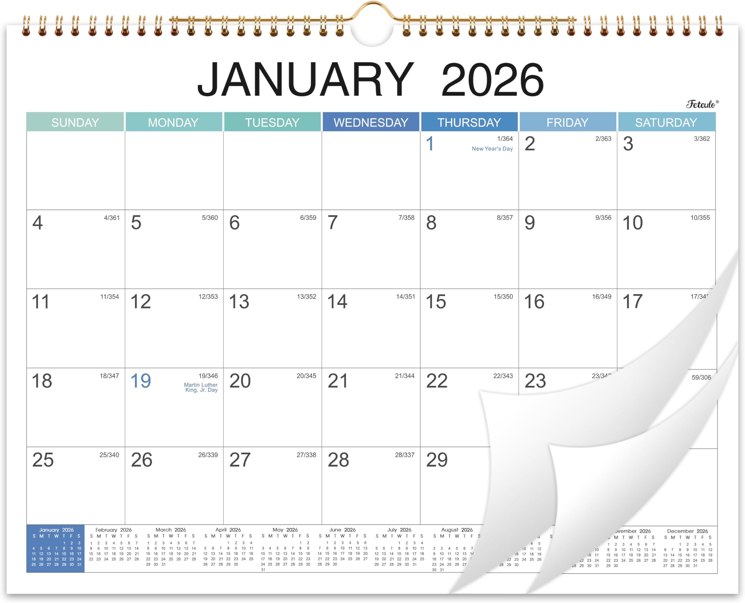 2026 Wall Calendar - Jan 2026 - Dec 2026, 2026 Calendar, 15" x 11.5", Spiral Binding, Yearly Overview, Holidays, Large Blocks, Perfect Organizer for Home & Office