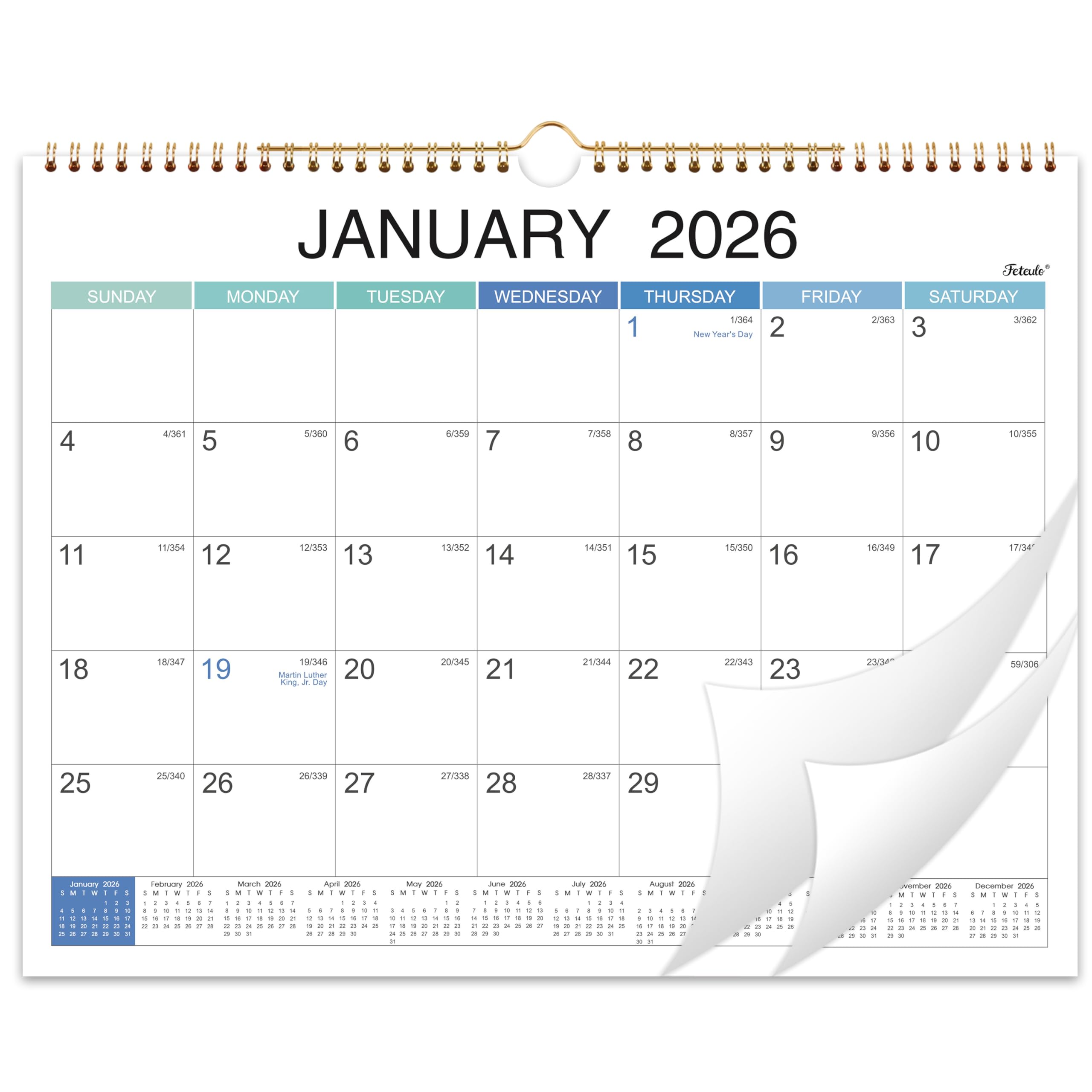 2026 Wall Calendar - 2026 Calendar, 15" x 11.5", Jan 2026 - Dec 2026, Spiral Binding, Yearly Overview, Holidays, Large Blocks, Perfect Organizer for Home & Office