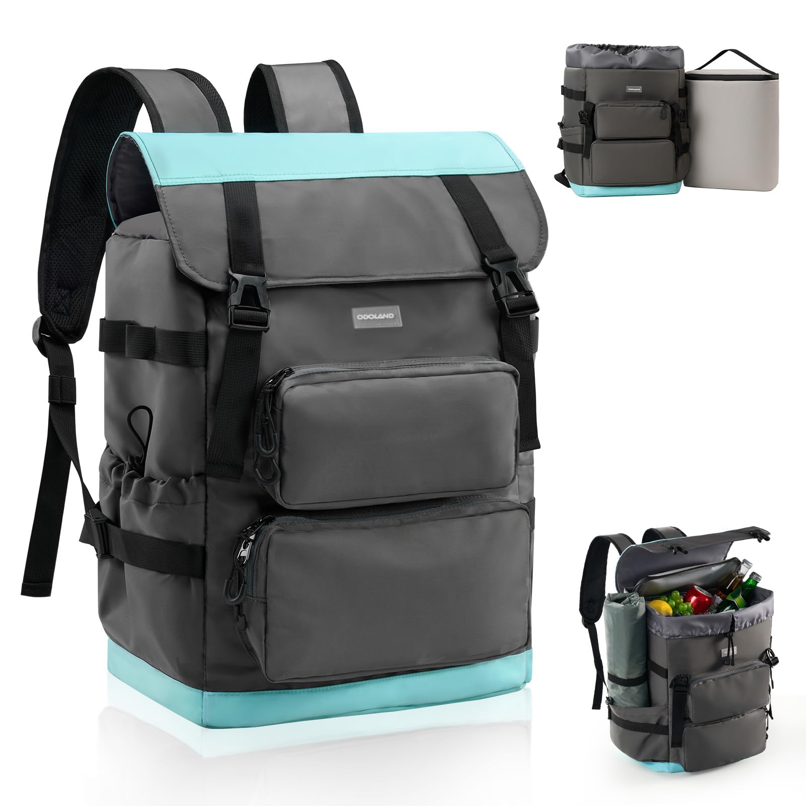 Odoland 2 in 1 Kühlrucksack - Separat Nutzbare Kühltasche 9L und 26L Hauptfach, 10 Stunden Kältehaltung, Auslaufsicher, Wasserdicht, Isolierter Picknickrucksack für Einkaufen, Camping, Strand, Arbeit