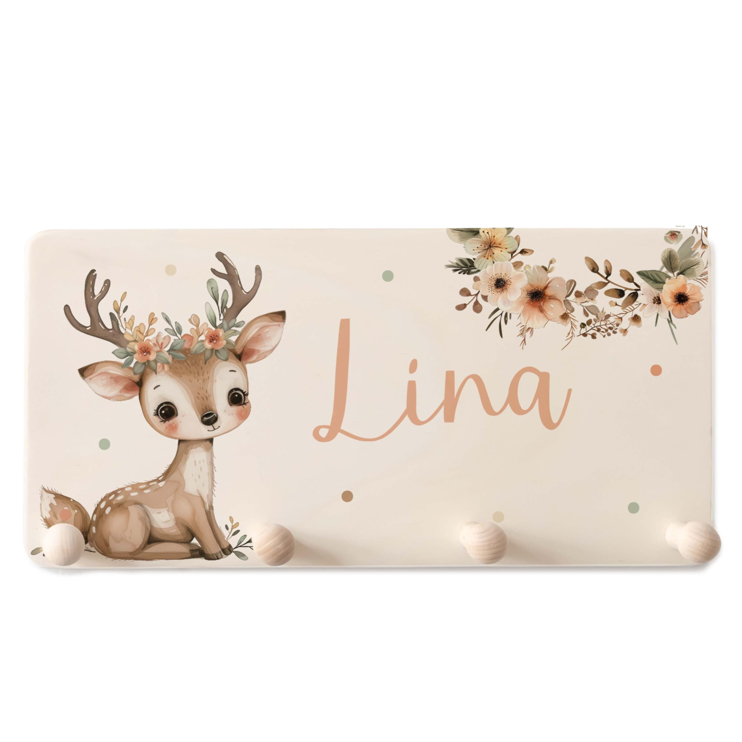 Kidsmood - Kindergarderobe Personalisiert mit Namen - Wandgarderobe mit 4 Holzhacken inkl. Dübel & Schrauben - Garderobe für Baby & Kleinkinderzimmer - Geschenk zur Geburt & Taufe [40x20cm]