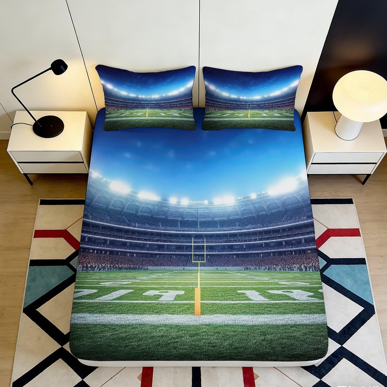 3D Printed Stadium Night Fitted Sheet Microfiber Soft Football Field Bed Cover for Bedroom Dorm Mattress Decor 90x200x25cm