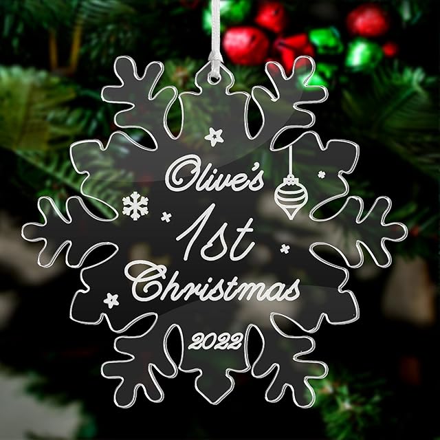 Baby First Christmas Bauble 2022 Personalised Engraved Acrylic Tree Decorations Babies 1st Custom Xmas Ornaments Gift for Newborn Family Home Grandson Granddaughter with Any Name (Snowflake)