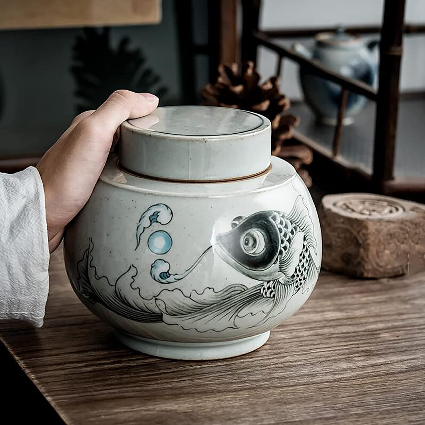 Ceramiczny słoik do przechowywania w stylu retro, z niewentylowaną ceramiczną pokrywką, używany do usług domowych, używany do płatków owsianych, cukru, kawy pełnoziarnistej, itp.