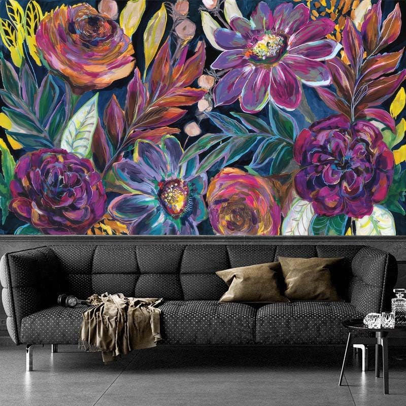 Renkli Yağlı Boya Çiçek Desenli Duvar Kağıdı, Botanik Çiçek Duvar Resmi - Oturma Odası ve Yatak Odası - Görsel 2