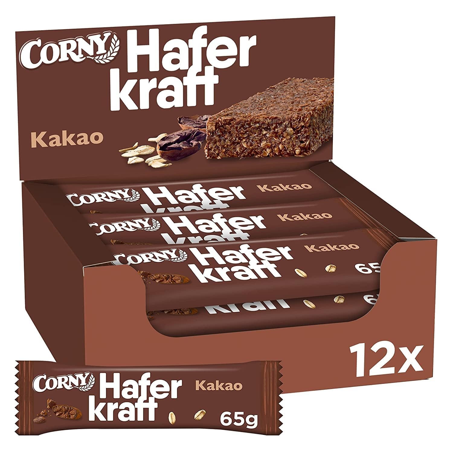 Haferriegel Corny Haferkraft Kakao | Vegan & Vollkornhafer | 12 x 65 g | Mit Vollkornhaferflocken | Sättigender Snack für zwischendurch| Für Wandern, Sport & Alltag | Für Büro, Cafeteria & Frühstück