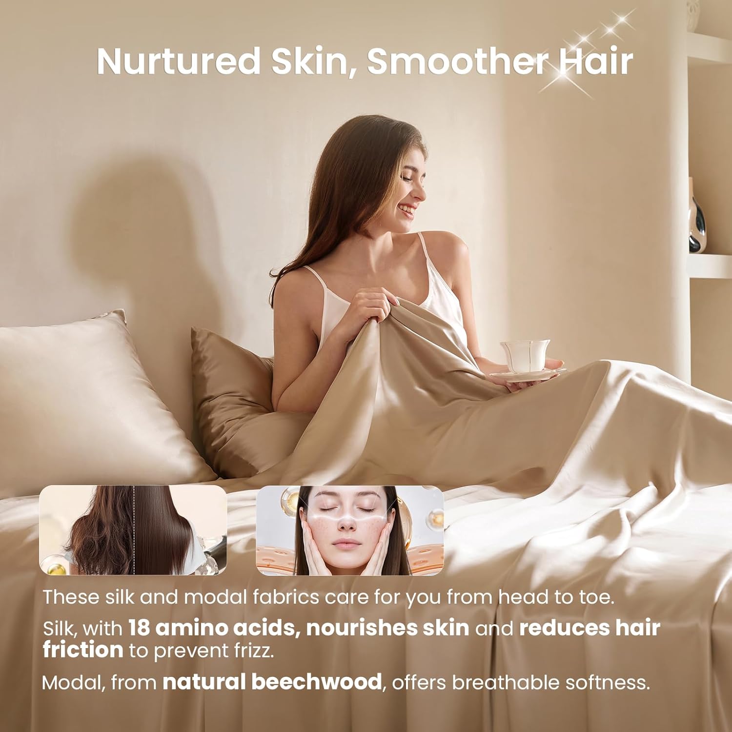 THXSILK Luxury Mulberry Silk Bed Sheets Set - 4pcs 16" Deep Pocket Silk Sheets Set - 1 Fitted Sheet, 1 Flat Sheet, 2 Pillowcases with Zipper Closure - Queen, Champagne