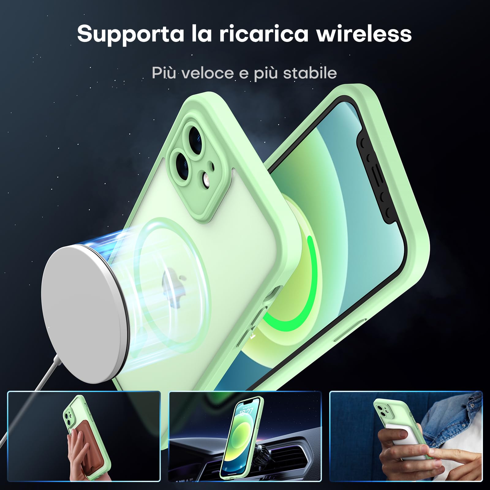 TOCOL Cover Magnetica per iPhone 12 6,1 Pollic, Compatibile con MagSafe, Protezione Fotocamera Integrata, Custodia Antiurto Traslucida Opaca, Verde Chiaro