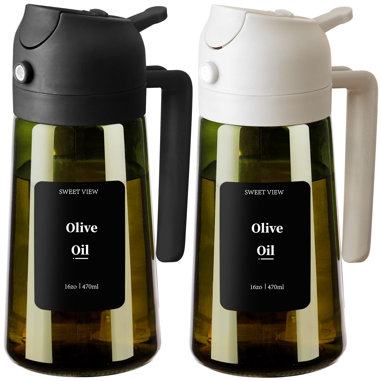 SWEET VIEW Olivenölspender und Ölsprüher – 470 ml Glas, lichtdichter Ölausgießer für Küche, Luftfritteuse, Kochen, Salat und BBQ