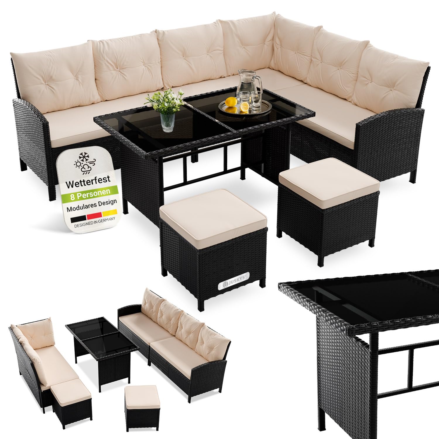 Juskys Polyrattan Lounge Manacor - Polyrattan Lounge Set mit Ecksofa, Esstisch, 2 Hocker & Kissen