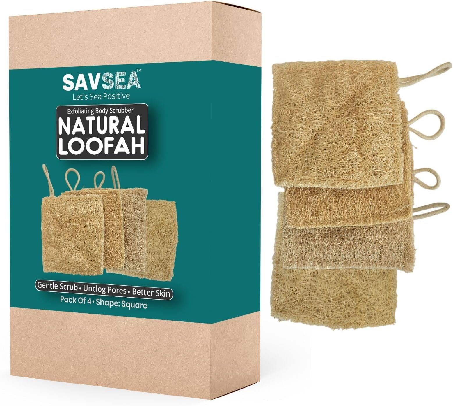 Natural Loofah for Bathing: Unisex for Women, Men, and Kids | Square Natural | Pack of 4