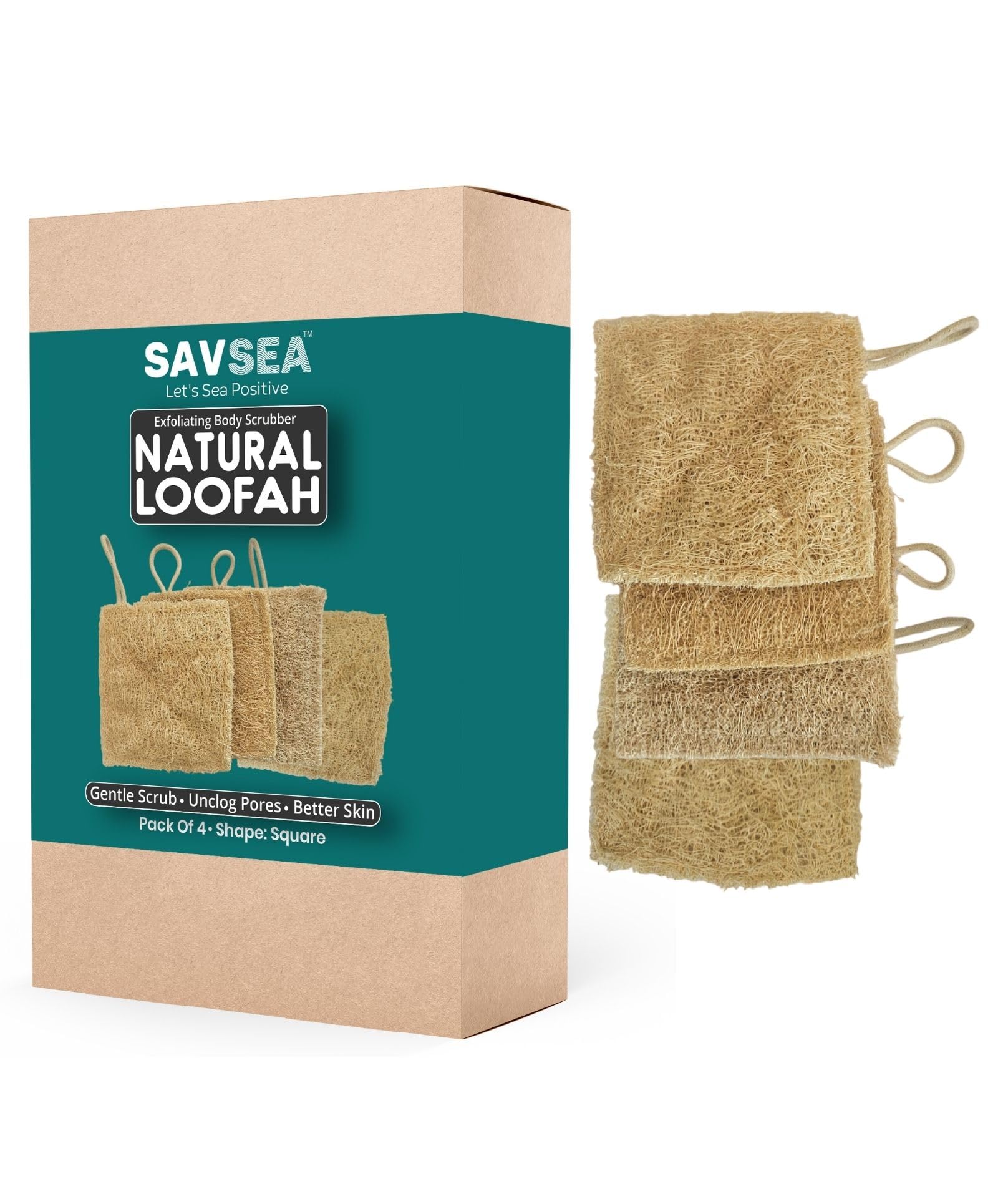 SAVSEA Natural Loofah for Bathing: Unisex for Women, Men, and Kids | Square Natural | Pack of 4
