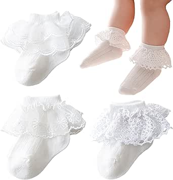 Baby Girls Double Lace Socks - Big Ruffle Ankle Socks For Toddlers & Kids, Made From Cotton