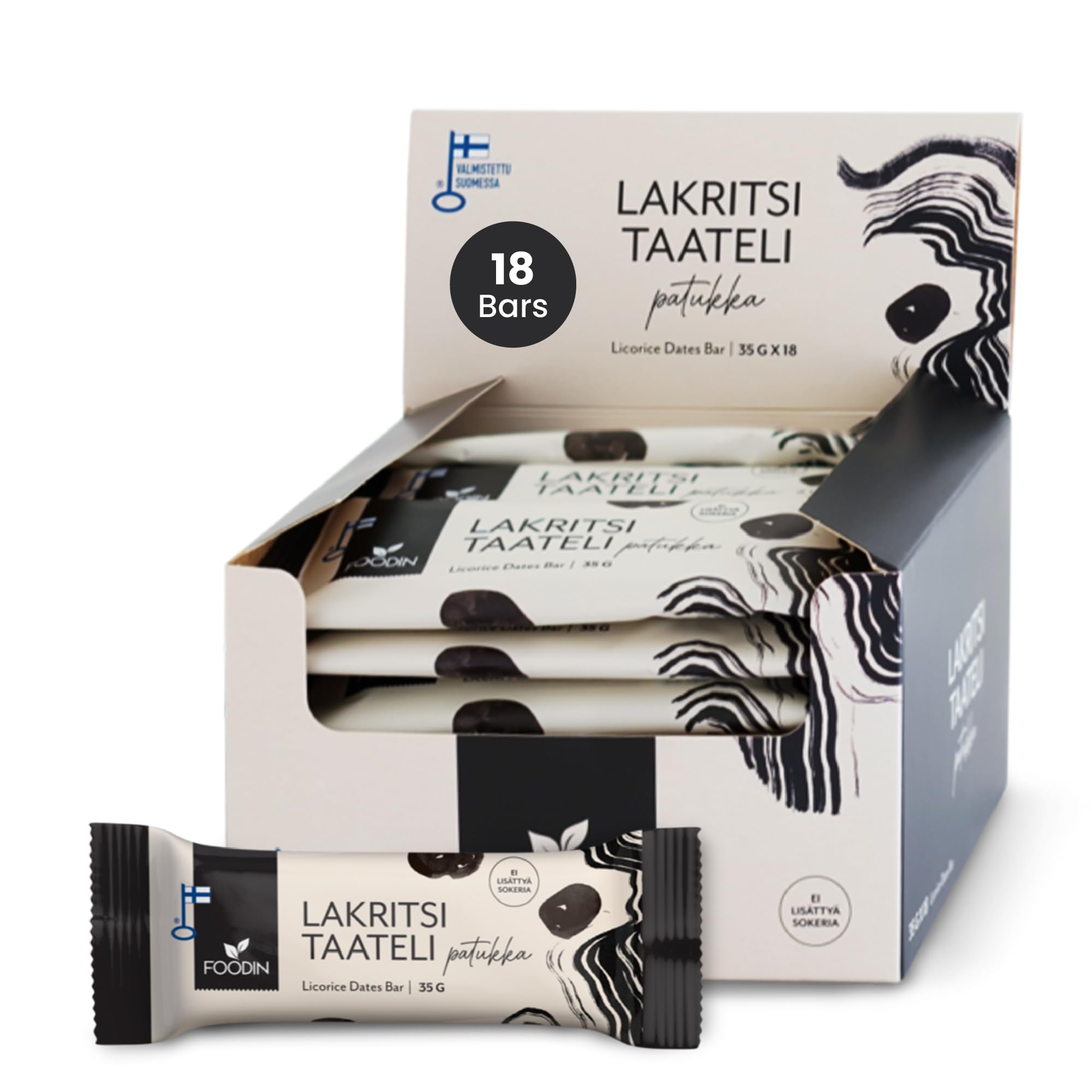 FOODIN Barretta Datteri alla Liquirizia – Snack Vegano Senza Zuccheri Aggiunti, Senza Glutine, Naturale e Ricca di Fibre (18 x 35 g)