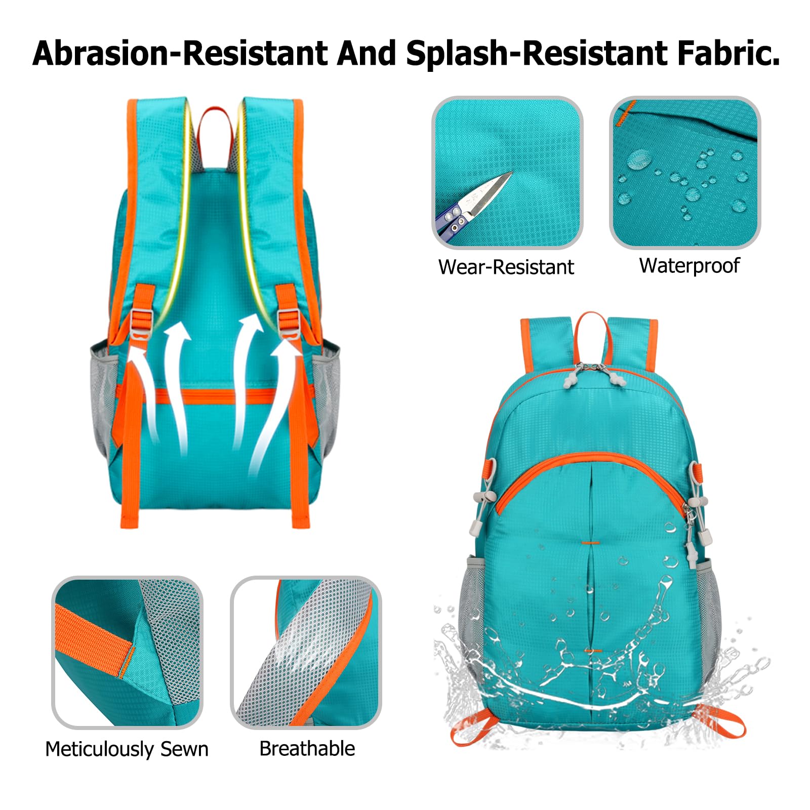 Sac à Dos Pliable Imperméable Léger Daypack Sac à Dos Randonnée Femme Homme Backpack pour Camping Trekking Voyage Utilisation Quotidienne Orange