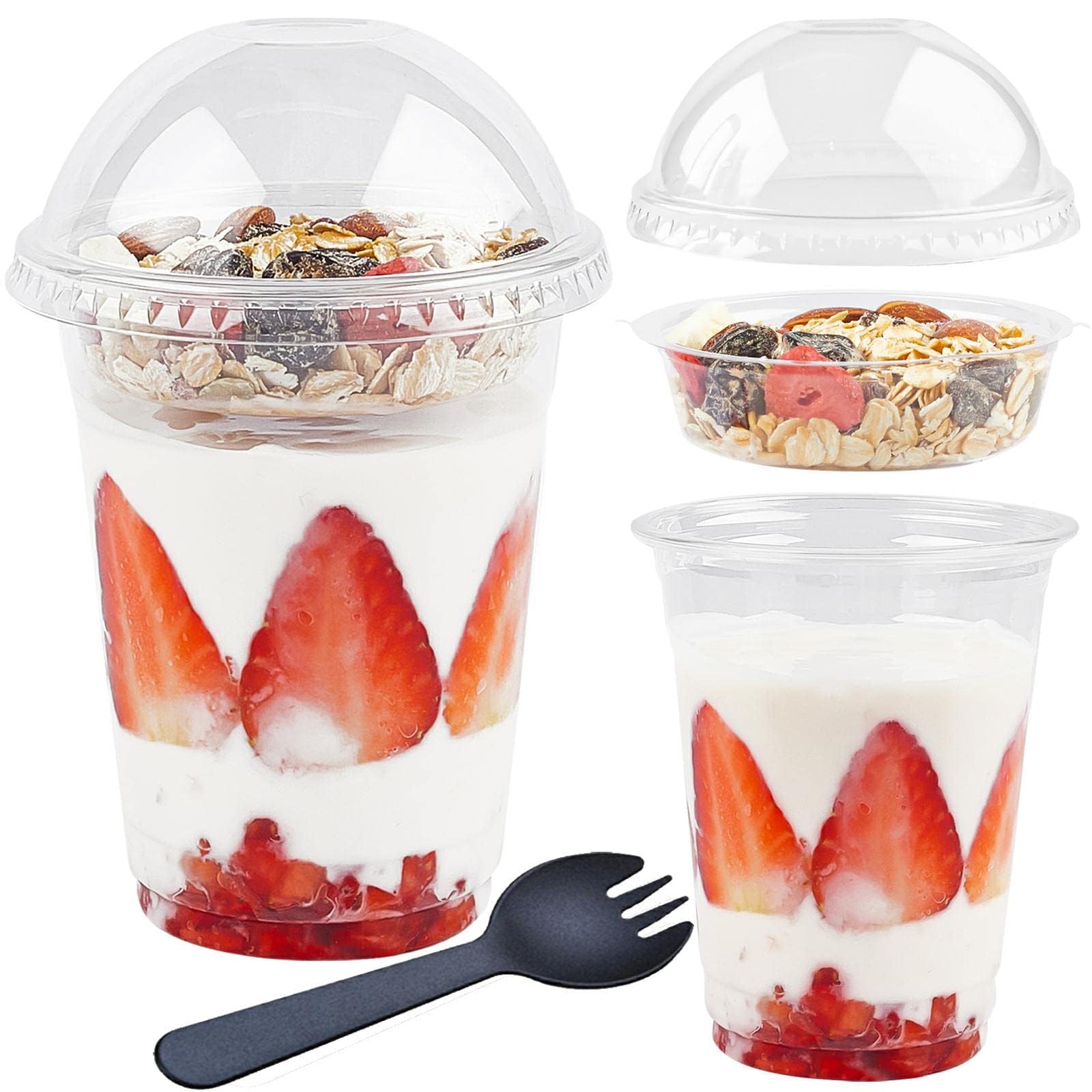 Zezzxu 50 Pack 12 oz Disposable Parfait Cups with Dome Lids No Hole, Toppings Compartment and Spork, Yogurt Conatiner with Granola Holder for Take Away Breakfast and Snacks, No Leaking