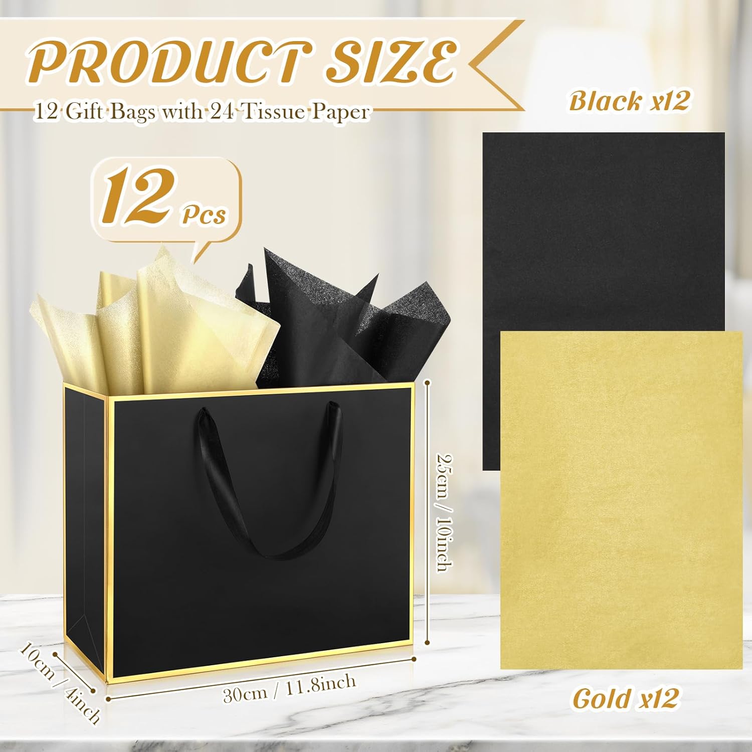 ReliThick 12 Pack Metallic Paper Gift Bag with Handles and Tissue Paper 11.8 x 10 x 4'' Thank You Favor Bag for Valentine's Day Wedding Bridesmaid Groomsman 5 Senses Gifts (Black,Gold) - Image 2
