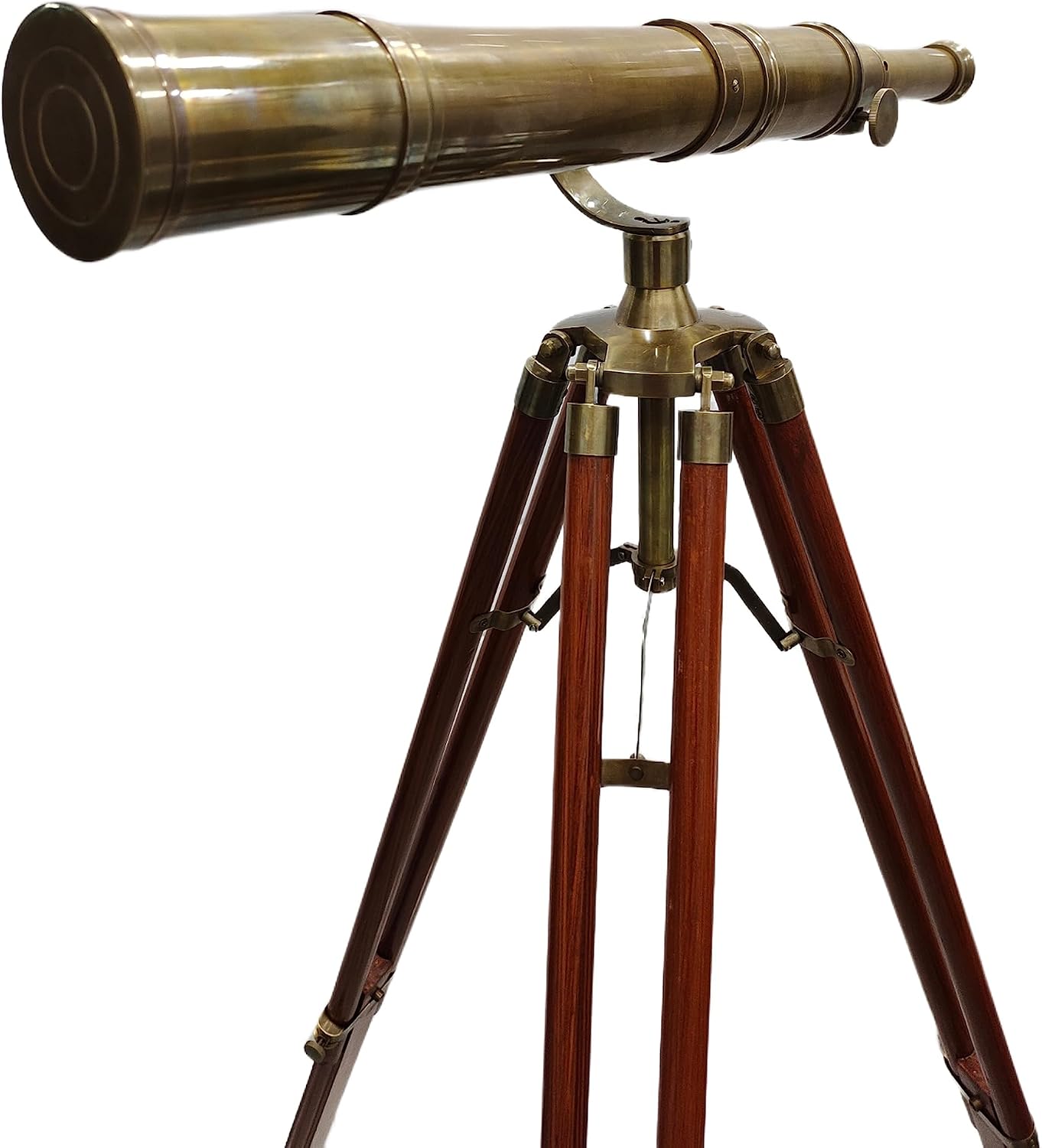 Vintage Brass Telescope with Adjustable Wooden Tripod – Nautical Antique Floor Standing Spyglass, Retro Decorative Collectible for Home & Office
