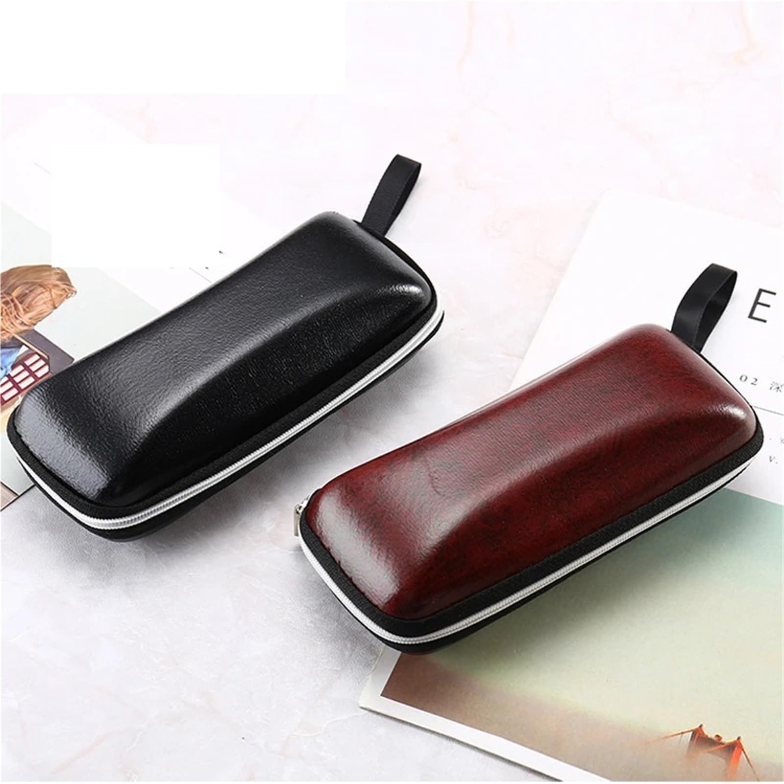 Estuches para Gafas, Estuche for Gafas de Sol Hombre, Piel sintética Negra, con Cremallera, Impermeable, for Guardar y graduadas(Brown)