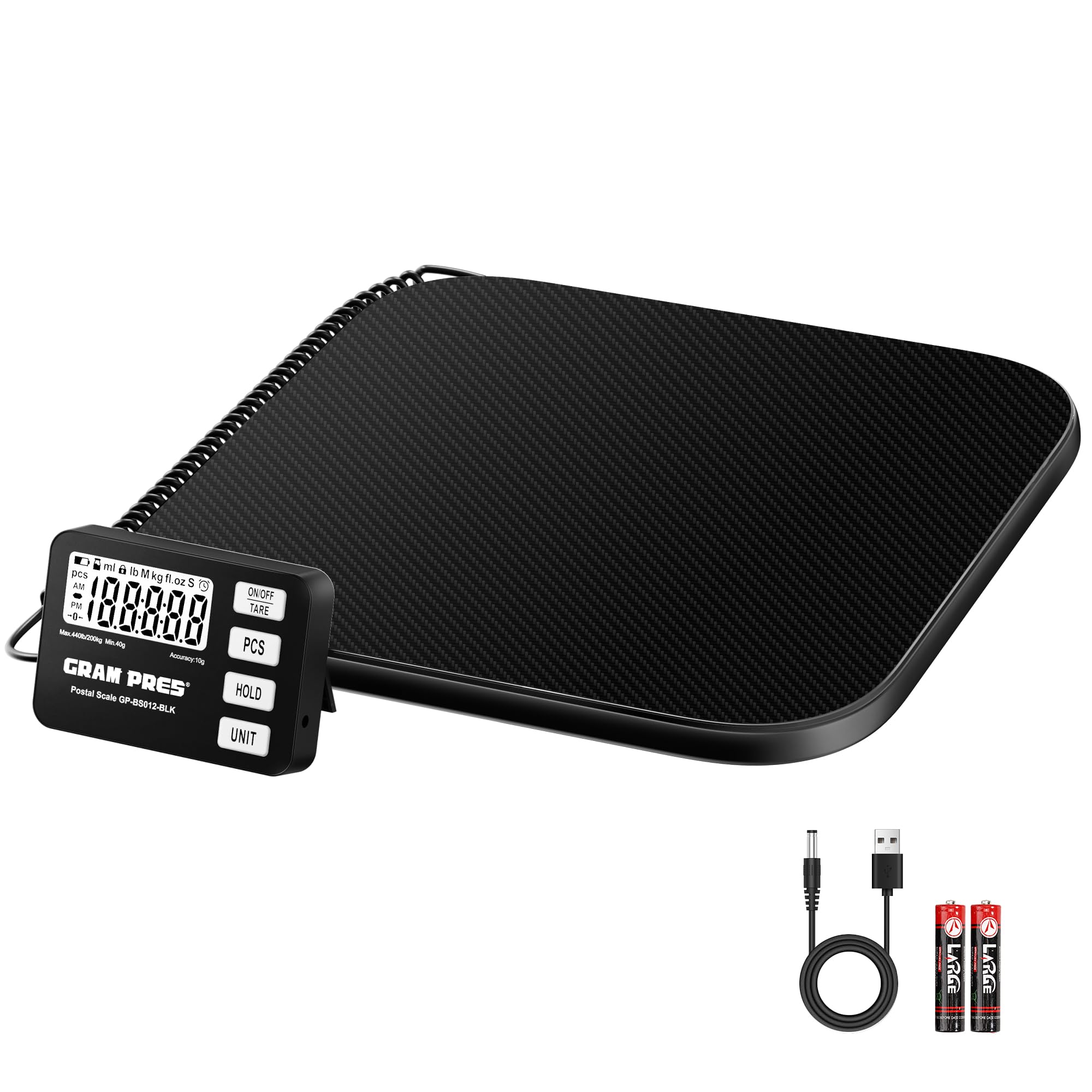 GRAM PRES Báscula de envíos digital de 200 kg/10 g con pantalla LCD, funciones de retención/tara/piezas para paquetes/equipaje/oficina de correos/perro, batería y cable USB incluidos