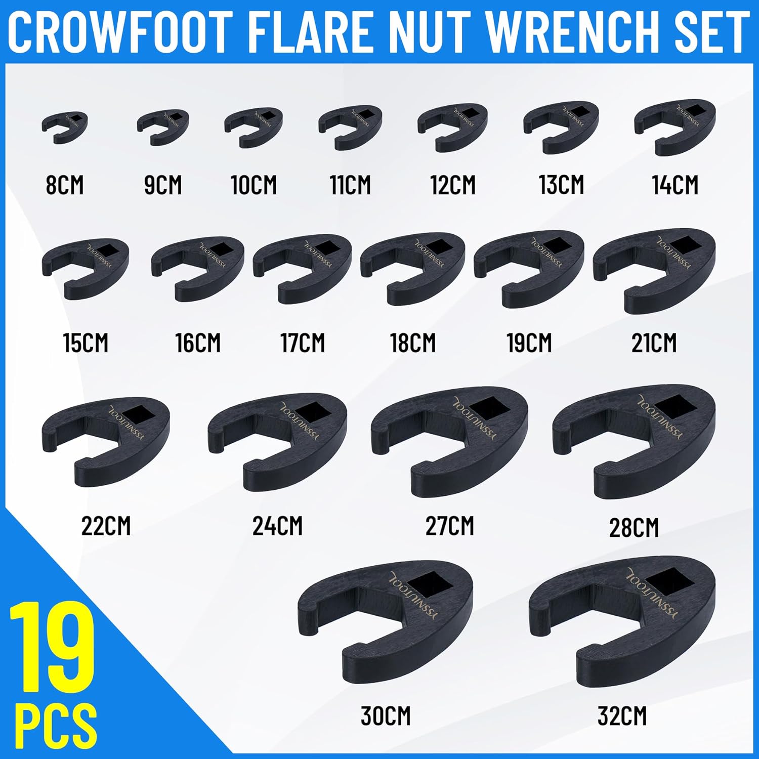 19PC Metric Tool 8 to 32 mm Sizes, Drive Jumbo Flare Nut Wrench Set, Flare Nut Wrench set for 3/8in and 1/2in Drive Ratchet
