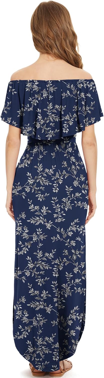 LILBETTER Womens Off The Shoulder Ruffle Party Dresses Side Split Beach Maxi Dress - Image 5