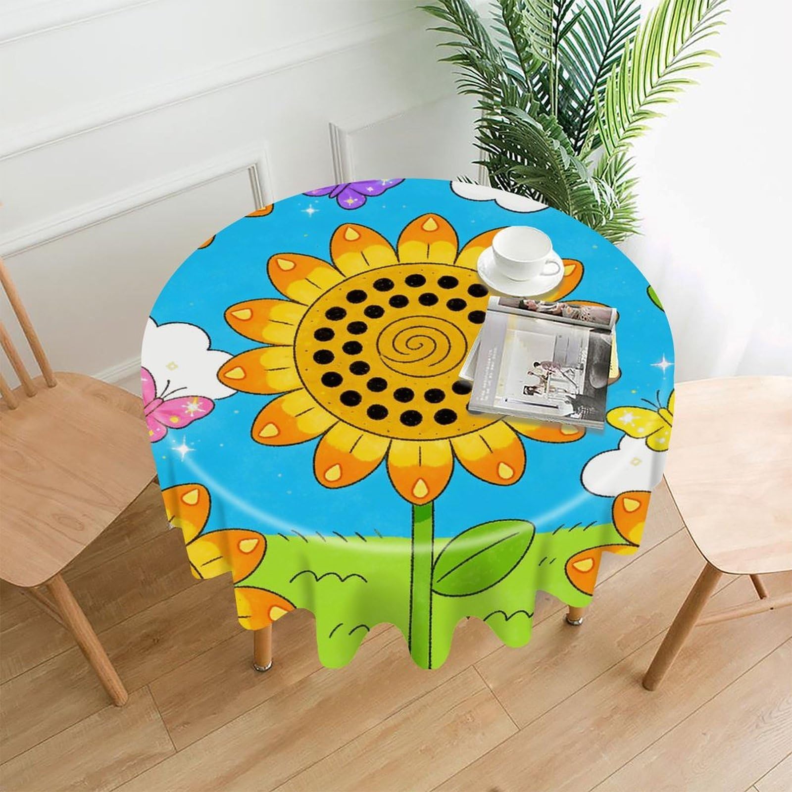 LDGSUPH Sunflowers and Butterflies Round Tablecloth Cover Washable Luxurious Fabric Table Cover Decor Wrinkle Free Fashion Round Table Cloth for Home Dining Kitchen Party 60 in