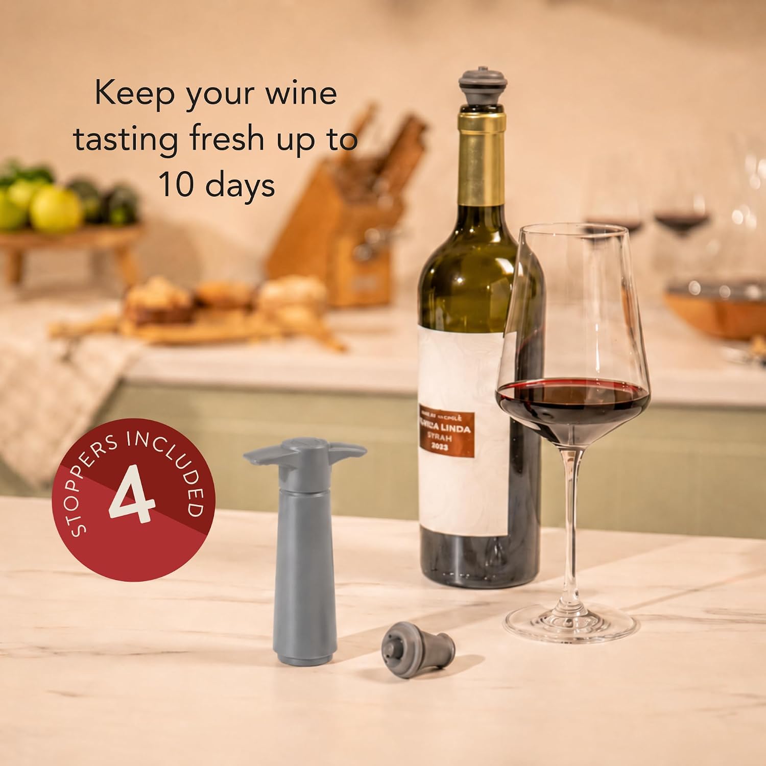 Vacu Vin Original Saver Wine Bottle Stopper – With 4 Vacuum Stoppers – Preserver Wine Stopper with Pump for Red or White Wine – Wine Accessories to Keep Wine Fresh – Airtight Seal Stoppers – Gray image 3