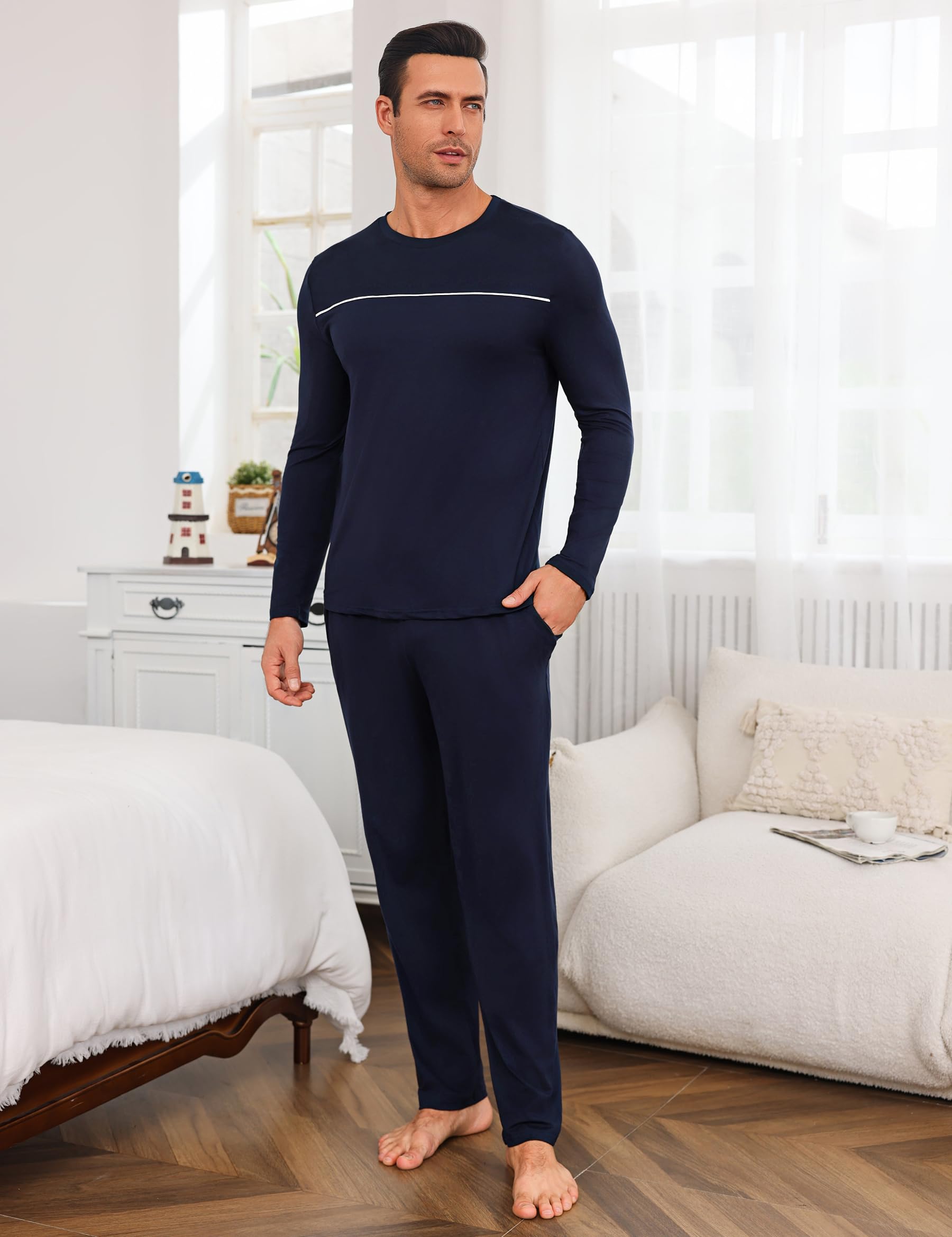 Marvmys Herren Schlafanzug Lang Winter Baumwolle Pyjama Set Rundhals Taschen Verstellbarer Bund Bequeme Nachtwäsche