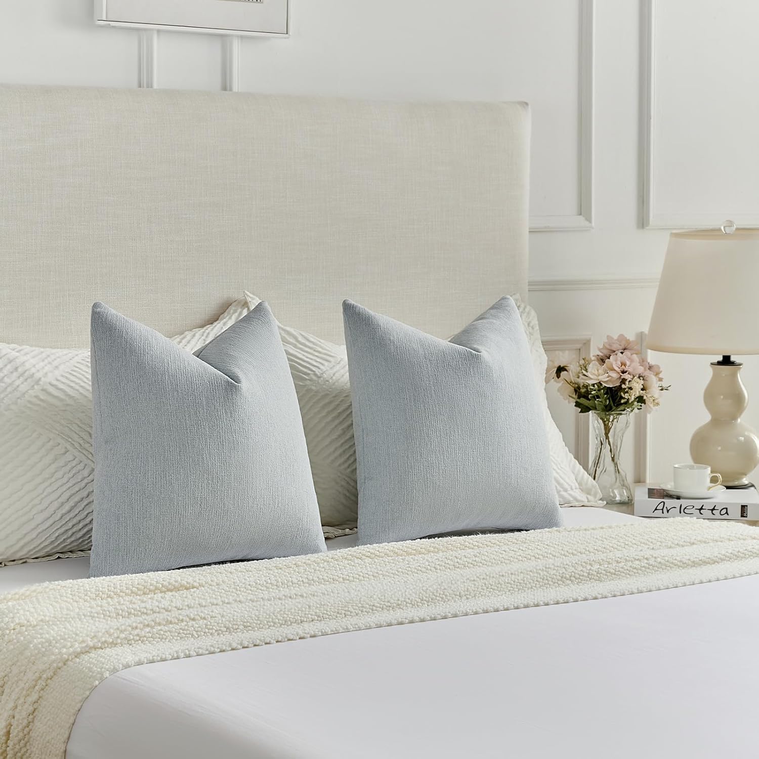 FUTEI Pack of 2 Chenille Decorative Throw Pillow Covers 20x20 Inch,Soft Cozy Faux Linen Textured Cushion Case,Farmhouse Home Decor for Couch Living Room,Dusty Blue