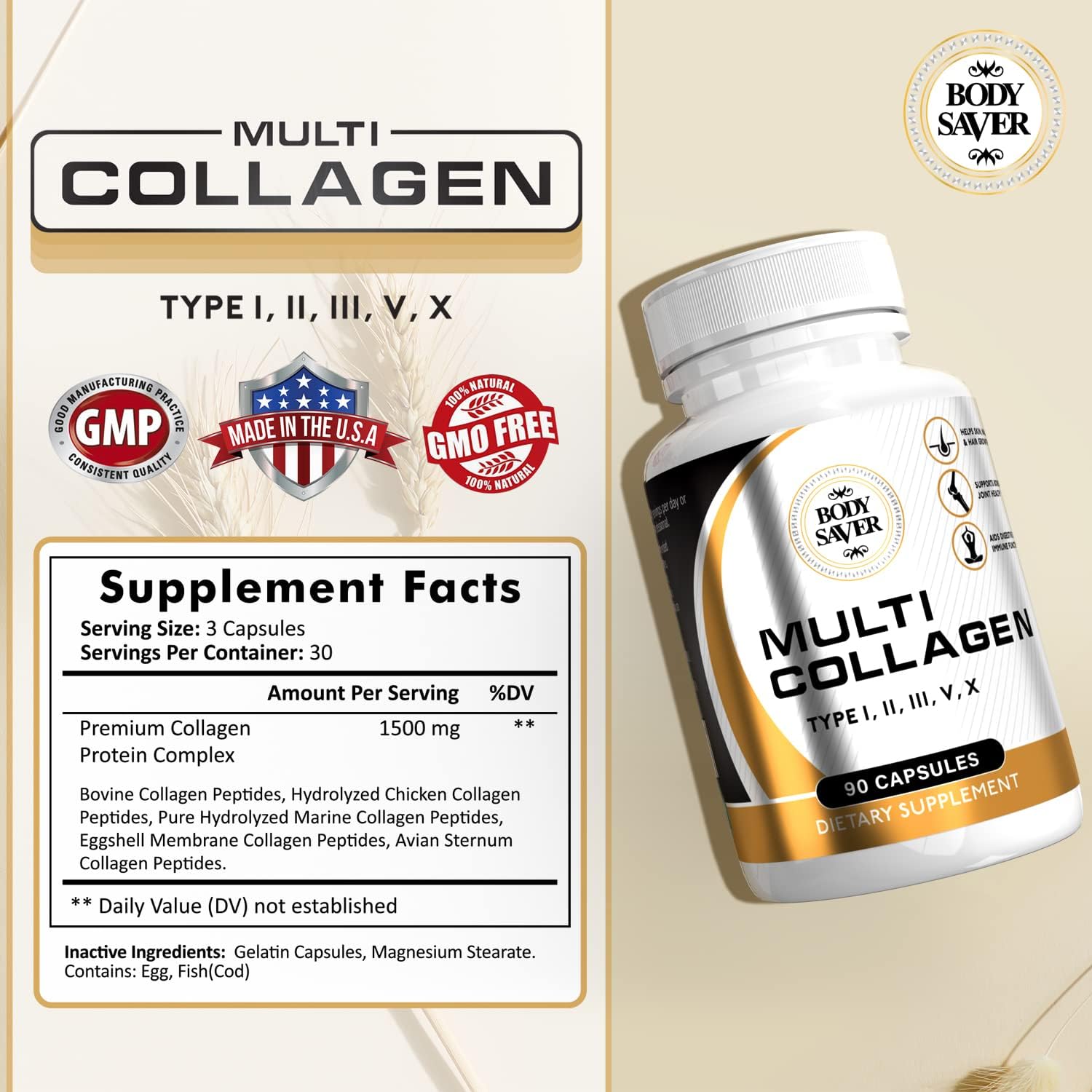 BODY SAVER Multi Collagen Capsules for Women and Men Hydrolyzed Collagen Capsules Containing Type I, II, III, V, X Multi Collagen Peptides 30 Servings, 90 Multi Collagen Protein Capsules