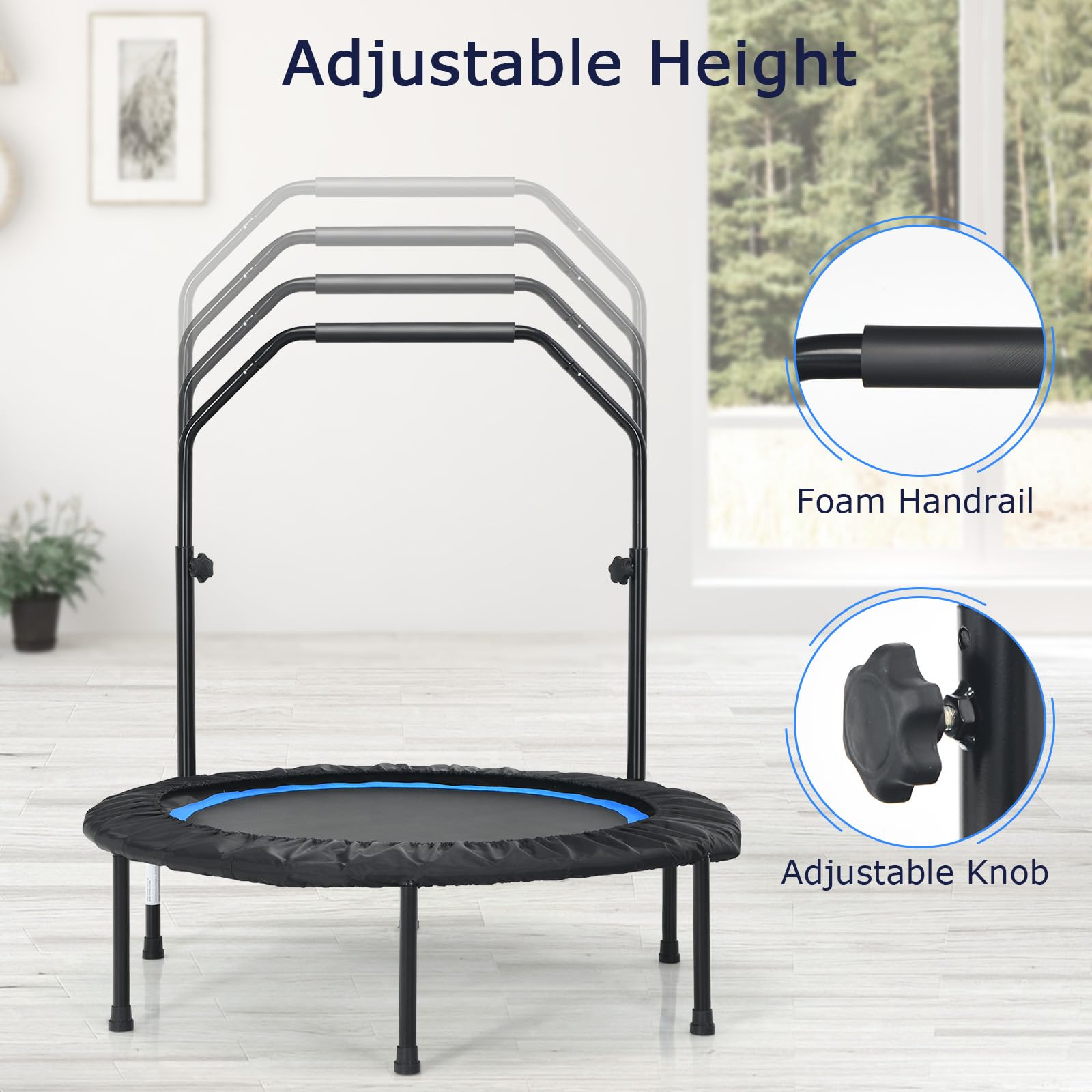 KOMFOTTEU Tappeto Elastico 2 in 1 Ø101 cm, Trampolino Elastico Fitness da Interno e Esterno con Manico Regolabile in Altezza e 2 Fasce di Resistenza, Mini Trampolino Pieghevole fino a 150 kg, Nero+Blu
