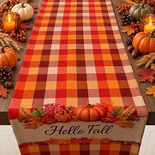 Fall Decor - Hello Fall Pumpkin Plaid Table Runner for Thanksgiving Decor