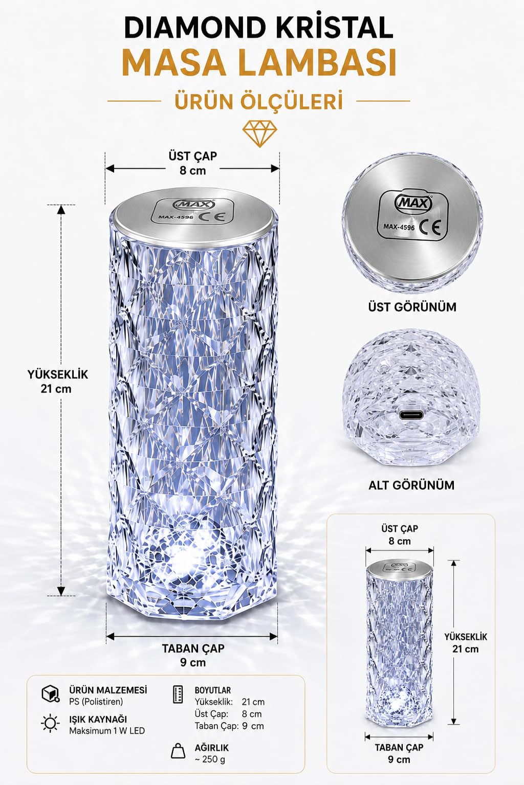 Led Şarjlı Masa Lambası, Kristal Masa Lambası, Dıamond Masa Lambası, Kablosuz, 3 Farklı renk Değişimi, Modern, Estetik, Taşınabilir, Karavan, Düğün, Nişan, Davet, Organizasyon, Bahçe Masa Lambası