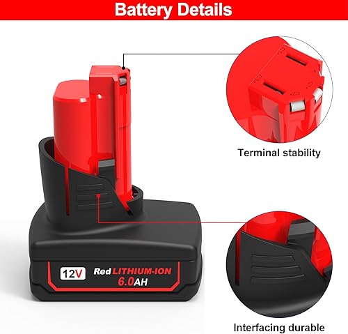 Miniatura 5 de 2 paquetes de 12 voltios y 6.0 Ah de repuesto para batería de iones de litio Milwaukee M12, compatible con todos los cargadores de batería Milwaukee