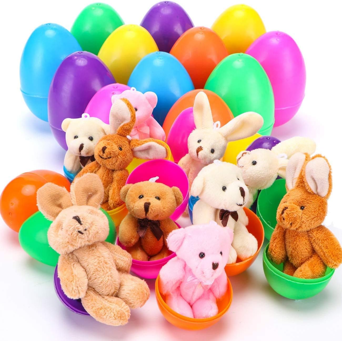 NEWBEA 12 Pack Prefilled Easter Eggs with Stuffed Animals,3.15" Plastic Easter Eggs Filled with Toys,Perfect for Easter Eggs Hunt…