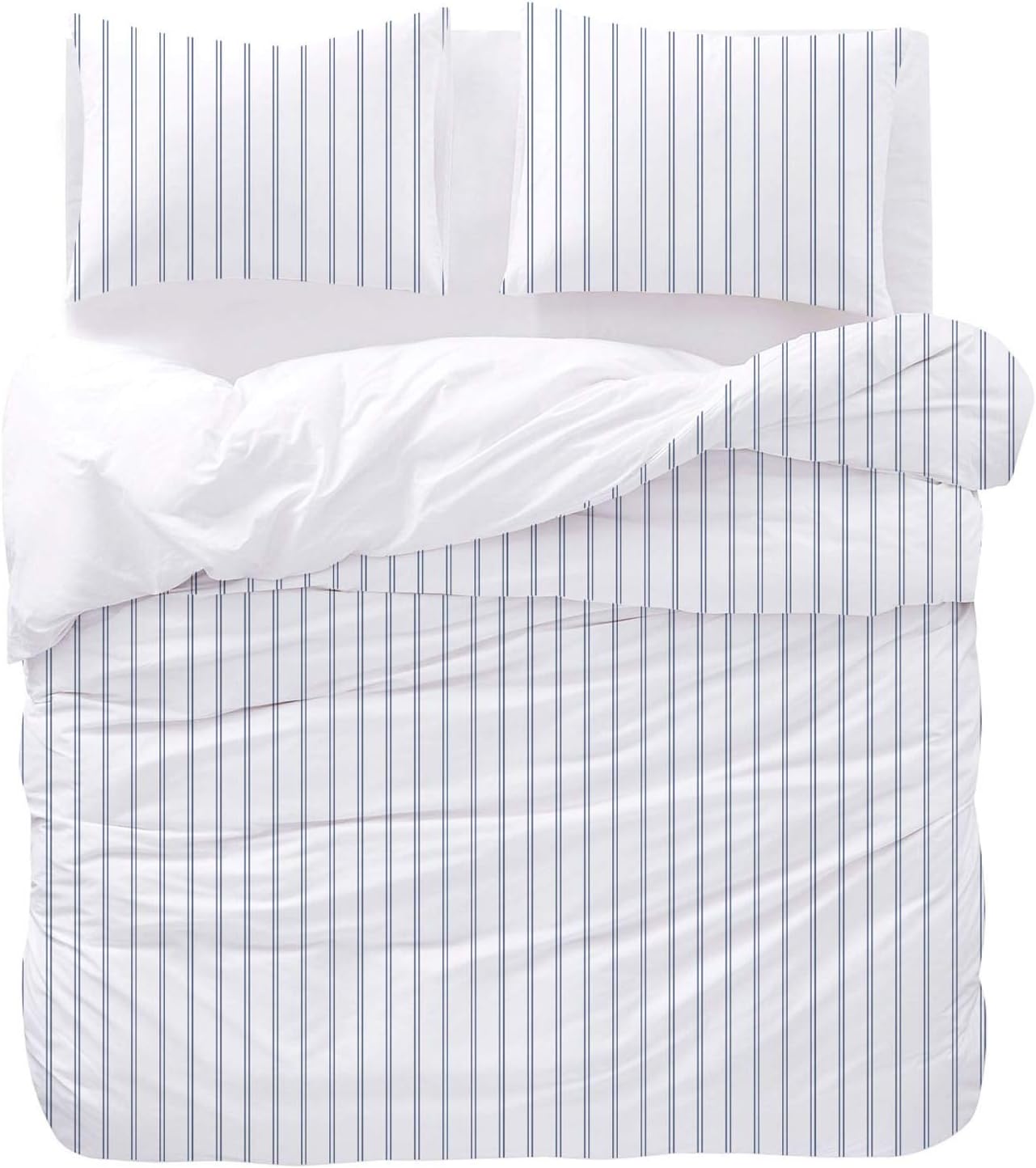 Wake In Cloud - Striped Comforter Set, Ticking Stripe Vertical Pinstripe Neutral Farmhouse Pattern Printed, Soft Lightweight Bedding, 3 Pieces, Navy White, Queen Size - Image 3
