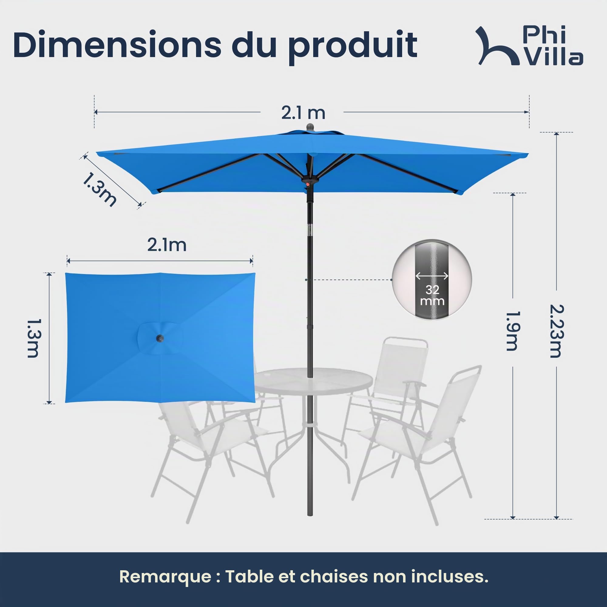 PHI VILLA Parasol rectangulaire avec pince - 210 x 140 x 220 cm - Inclinable - Résistant au vent - Stable à emporter - Protection UV50+ - Pour balcon, terrasse, balustrade, table